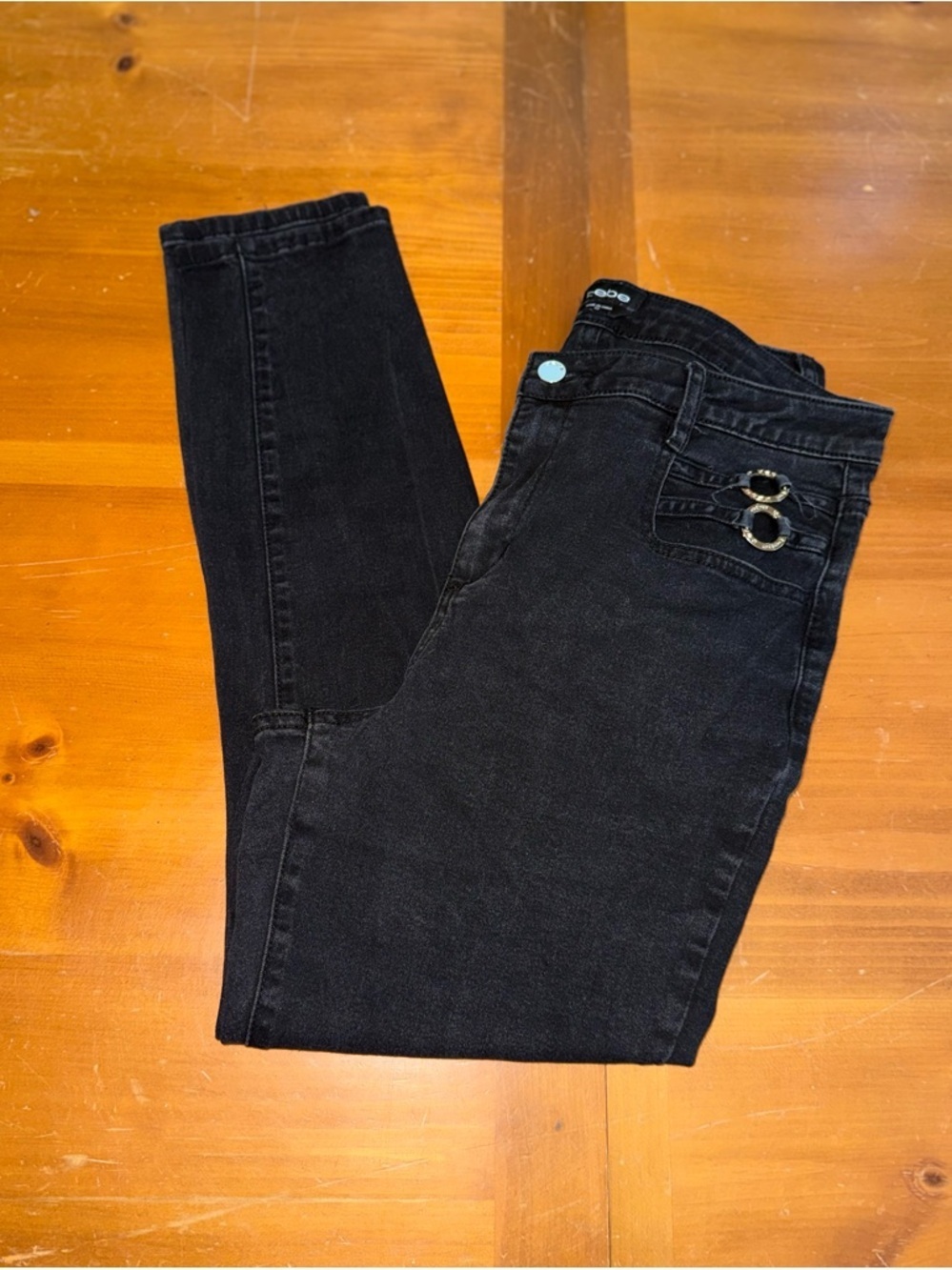 Bebe High Rise Skinny Denim Jeans 32 Black Sequins Pocket Silver Ring Embellish